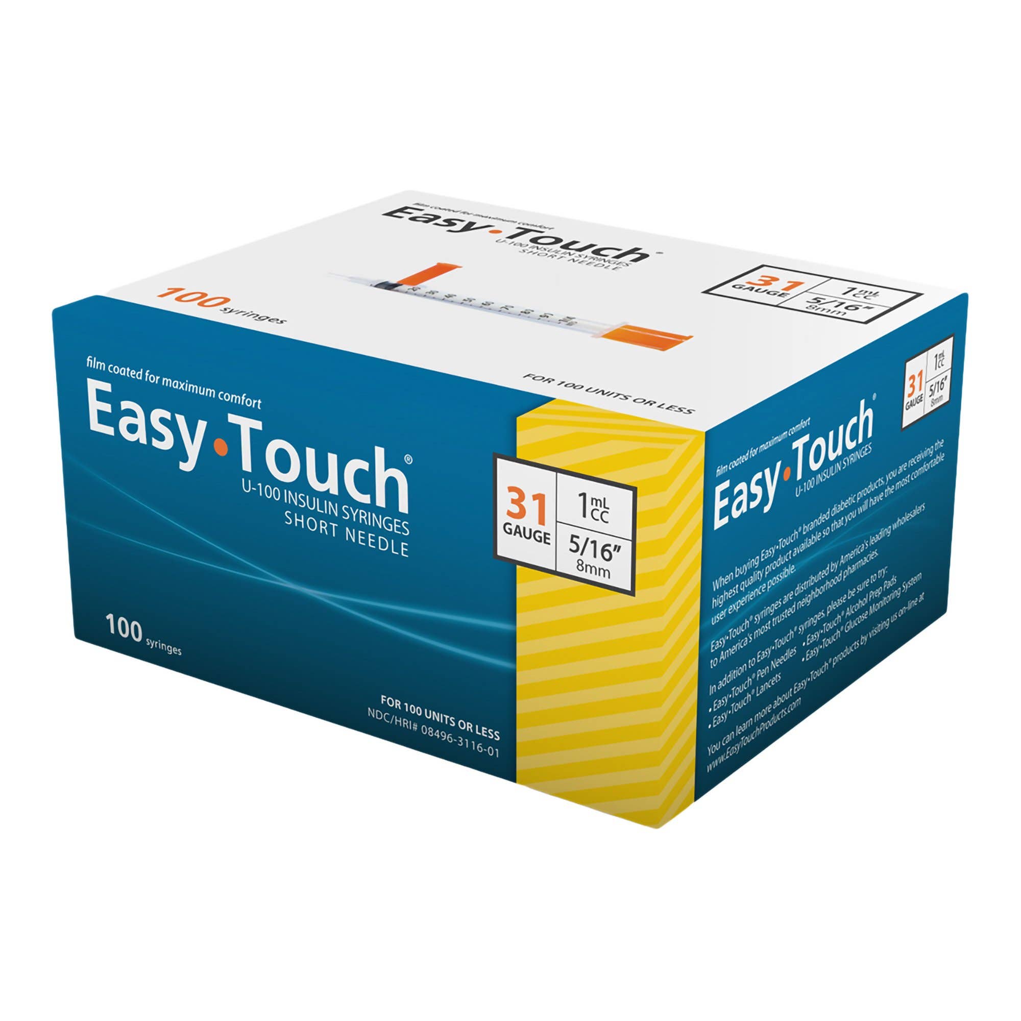 StandardInsulinSyringewithNeedleEasyTouch1mL5/16Inch31GaugeNonSafetyThinWall