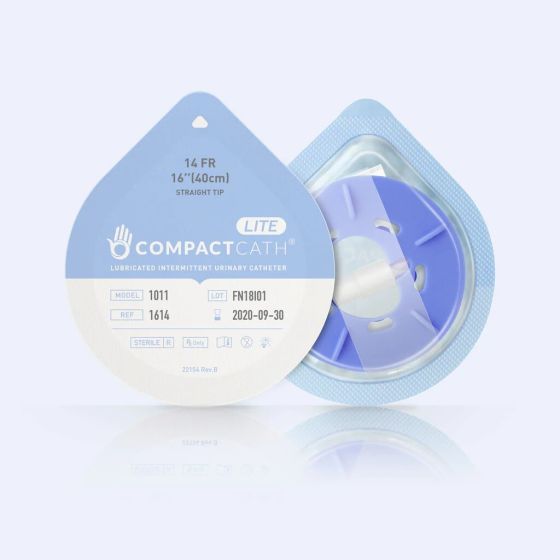 CompactCath LITE Urethral Catheter, Coude Tip, Silicone Lubricated PVC, 16 Full Length, Touchless Sleeve. Tear drop package.