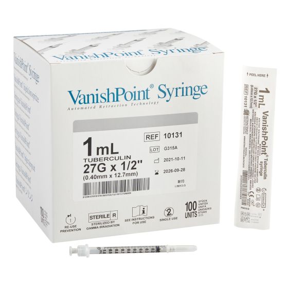 Safety Tuberculin Syringe with Needle VanishPoint 1 mL 1/2 Inch 27 Gauge Retractable Safety Needle Regular Wall