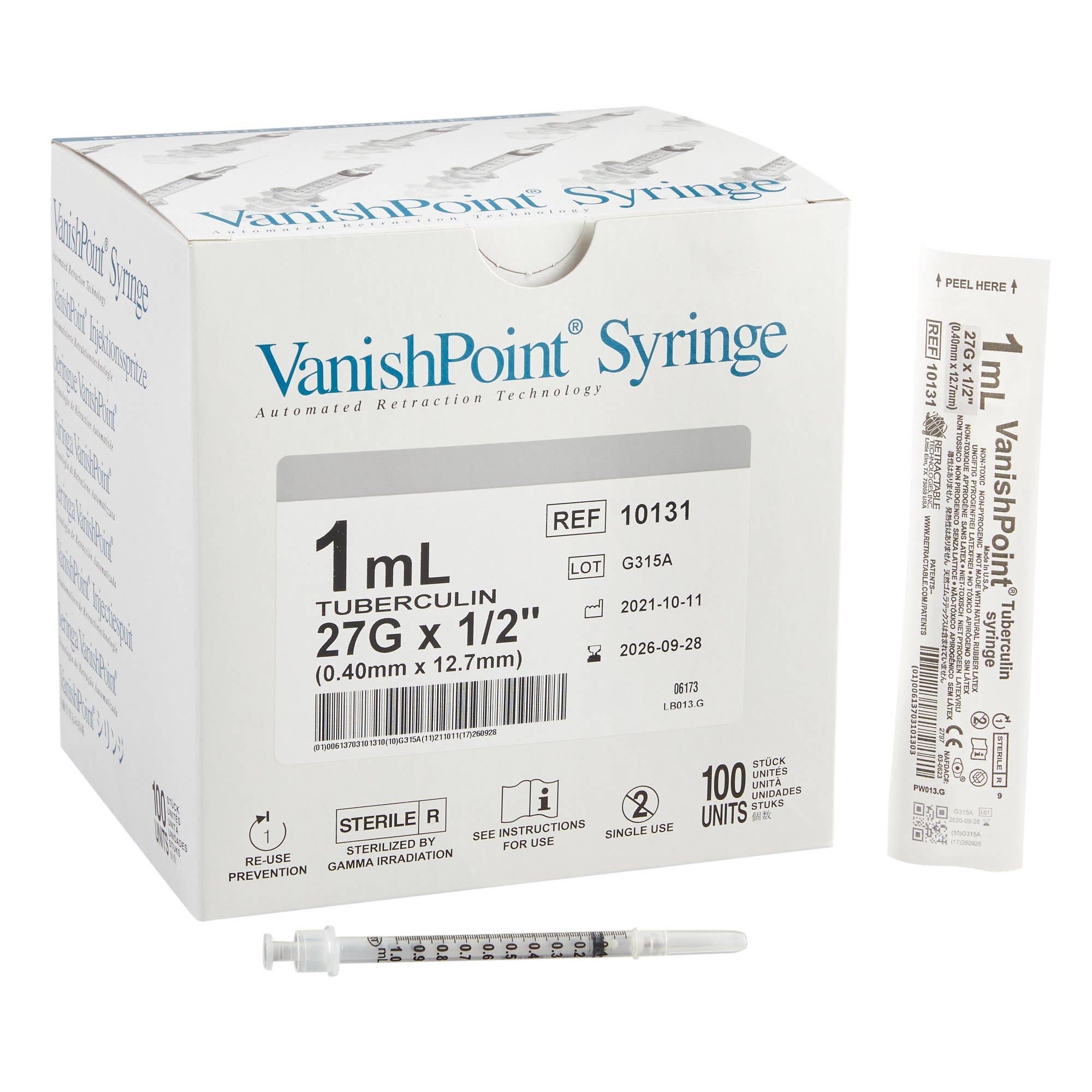 SafetyTuberculinSyringewithNeedleVanishPoint1mL1/2Inch27GaugeRetractableSafetyNeedleRegularWall
