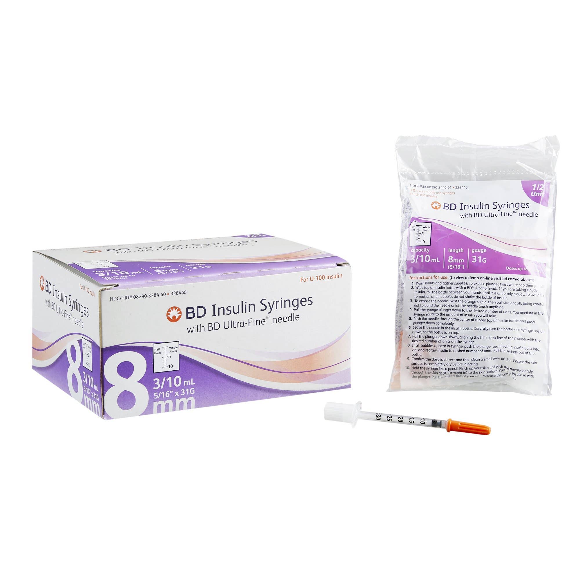 StandardInsulinSyringewithNeedleUltra-Fine0.3mL5/16Inch31GaugeNonSafetyRegularWall