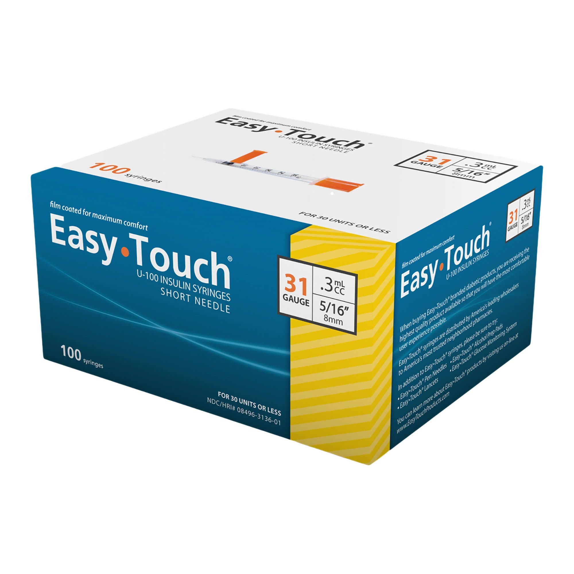 StandardInsulinSyringewithNeedleEasyTouch0.3mL5/16Inch31GaugeNonSafetyThinWall