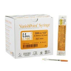Safety Insulin Syringe with Needle VanishPoint 0.5 mL 1/2 Inch 30 Gauge Retractable Safety Needle Regular Wall